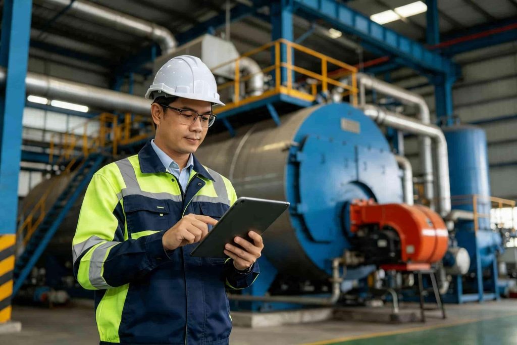 Industrial engineer providing biomass energy retrofit consulting in Southeast Asian factory with boiler system and energy transformation analysis