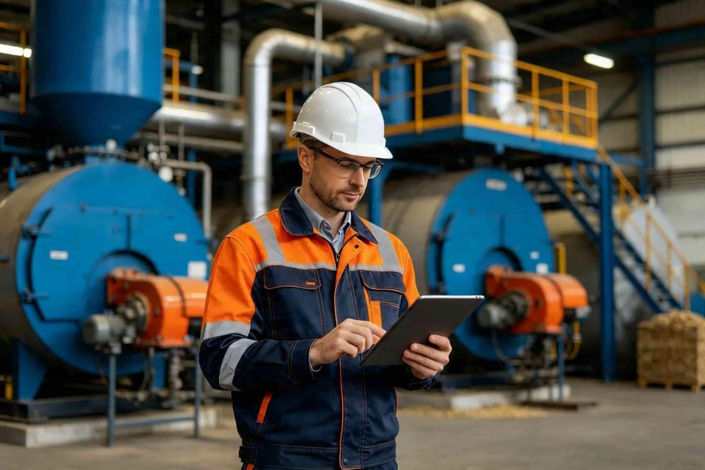 Industrial engineer providing biomass energy equipment selection consulting in factory boiler system with data analysis