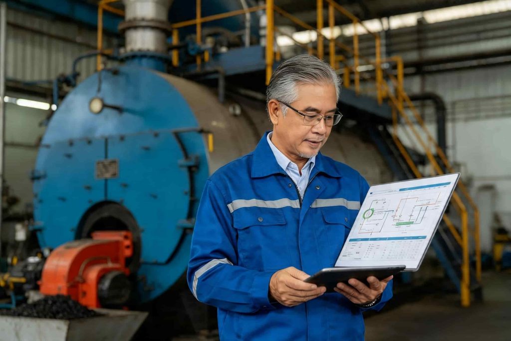 Industrial energy engineer performing biomass system diagnosis in Southeast Asian factory boiler room with technical analysis