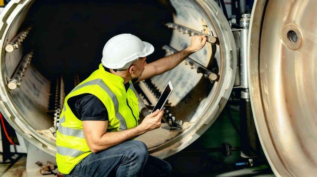 On-site factory audit of biomass boiler production in China by industrial engineer ensuring quality control, procurement compliance, and technical verification