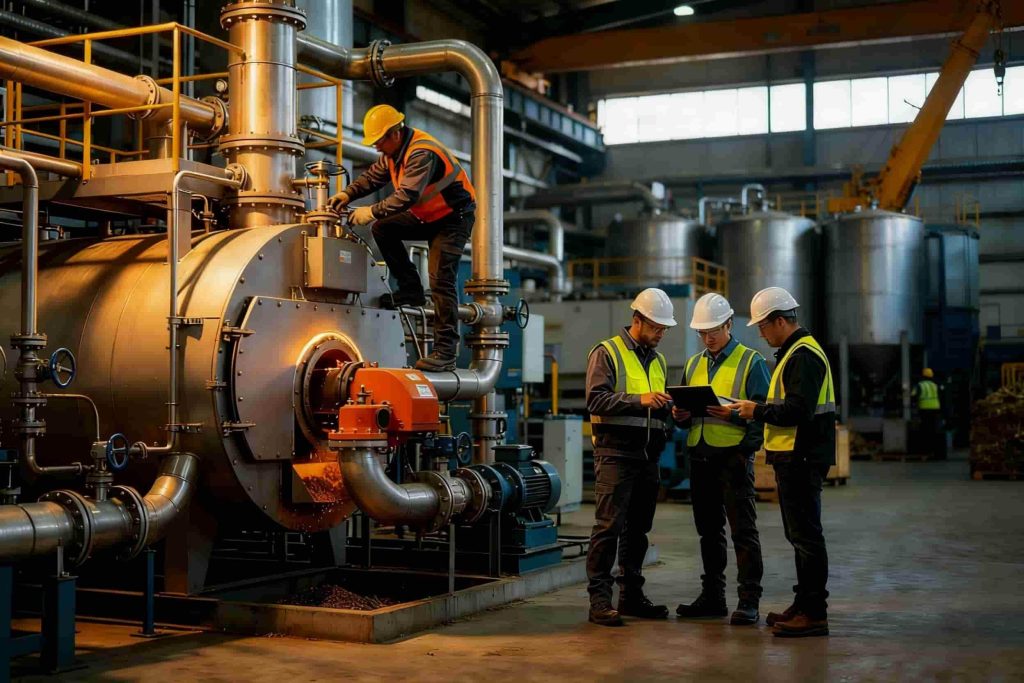 Biomass gasification system installation in China industrial plant for energy generation and technical engineering project implementation