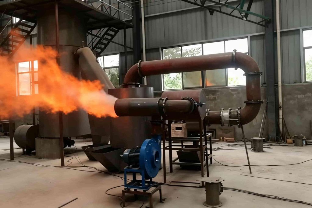 Industrial biomass boiler fuel feeding and piping system for continuous steam production and energy cost reduction