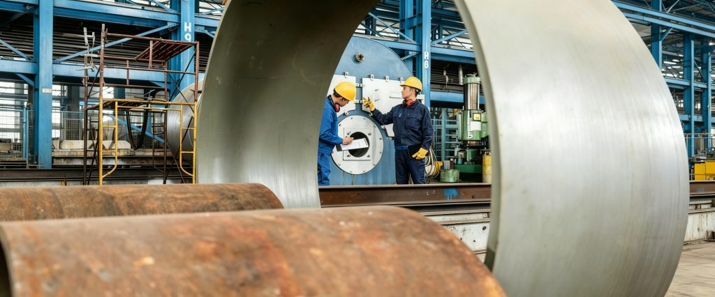 Industrial engineer inspecting boiler system in China factory for technical procurement and quality assurance
