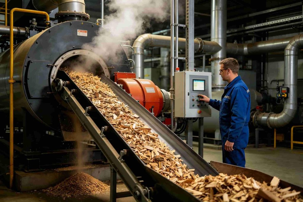 Natural gas steam boiler retrofitted with biomass wood chip burner for industrial steam cost reduction