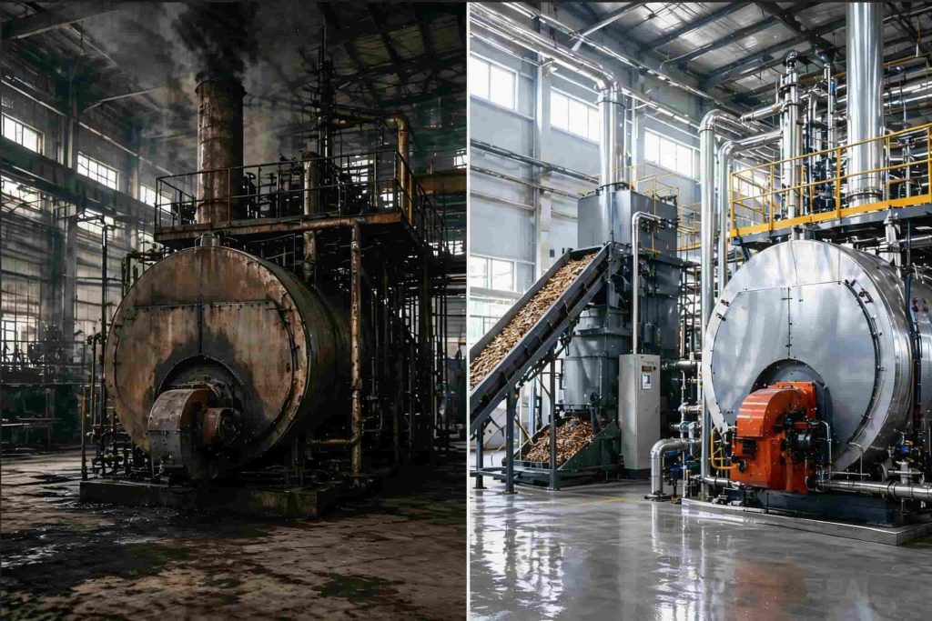 Old industrial boiler system with low efficiency, high fuel consumption and outdated combustion design
