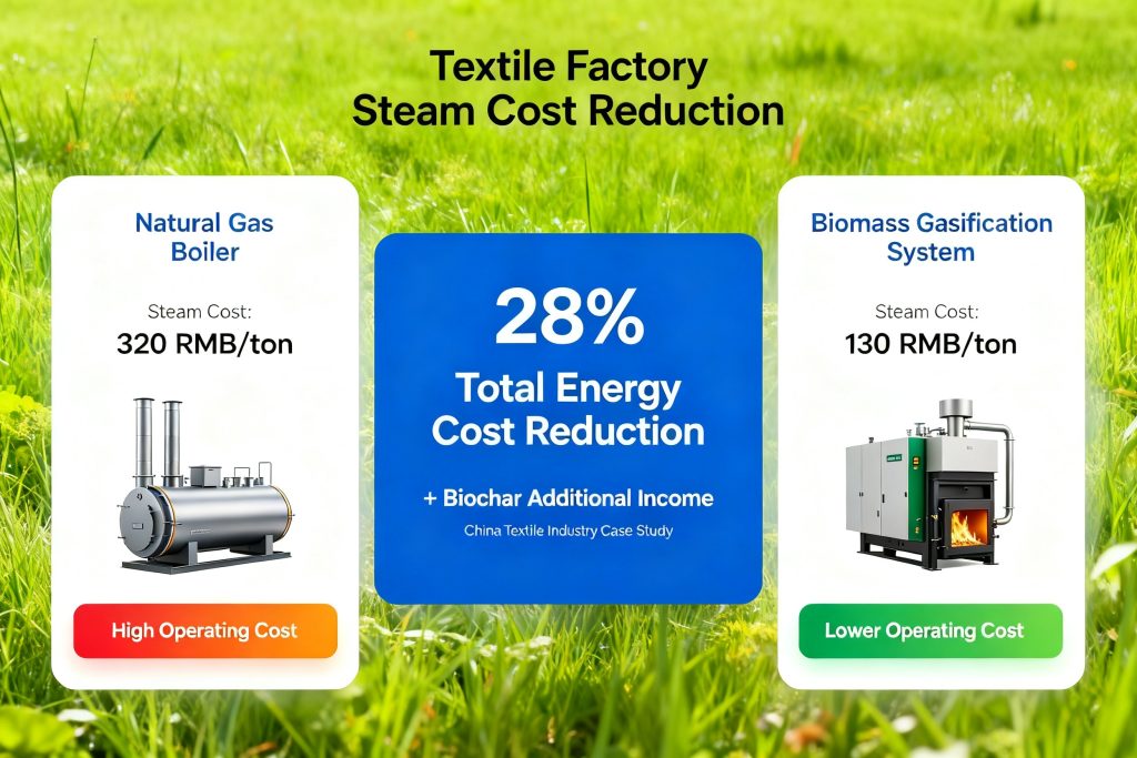 Industrial comparison chart showing steam cost reduction from natural gas boiler to biomass gasification system in textile factory, reducing energy cost by 28%