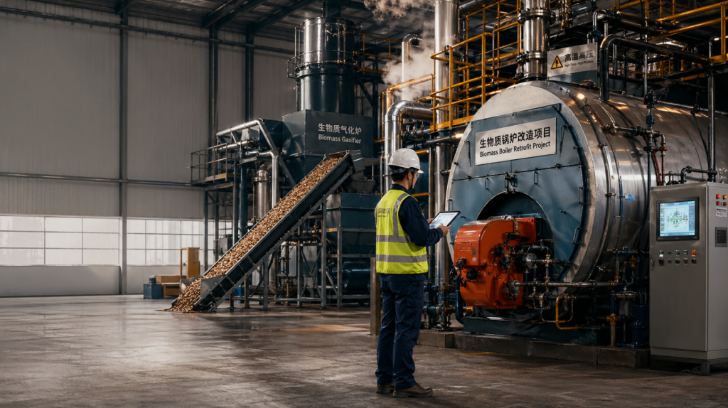 Industrial engineer inspecting boiler and kiln retrofit system for biomass conversion upgrade in factory China