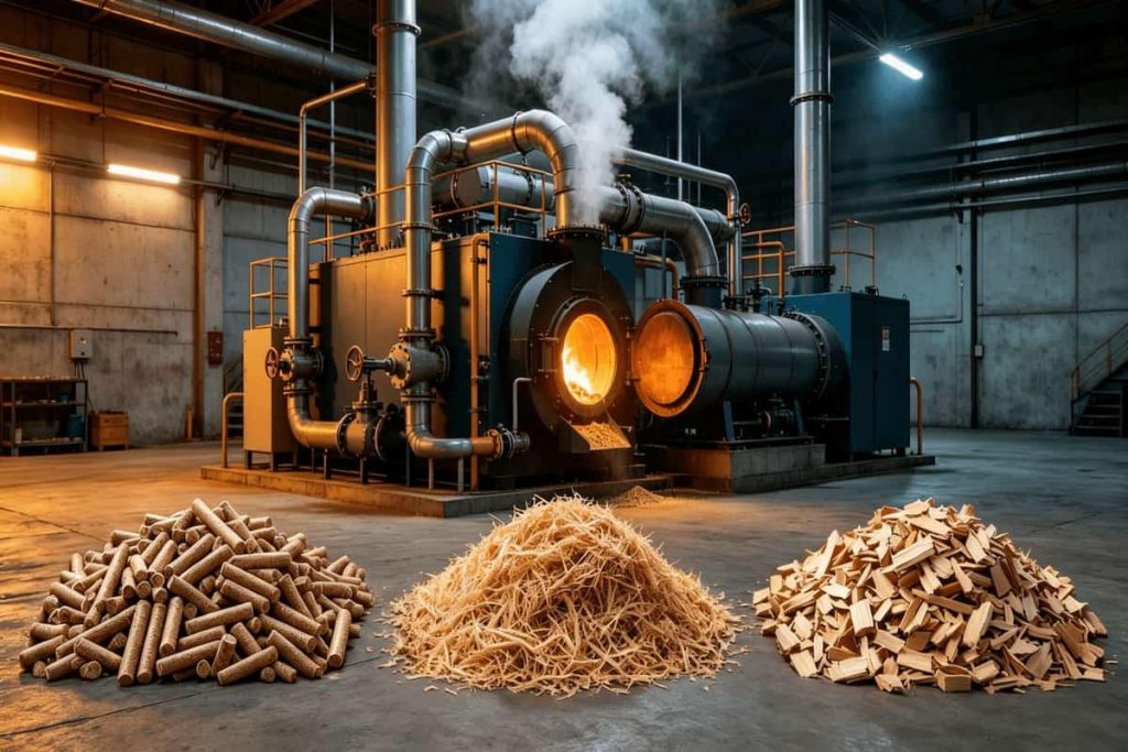 Comparison of biomass fuels including wood pellets, rice husk and wood chips for industrial gasifier system design