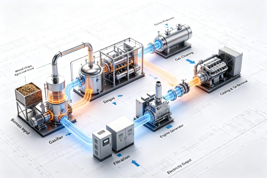 biomass gasification syngas energy conversion flow diagram electricity generation process
