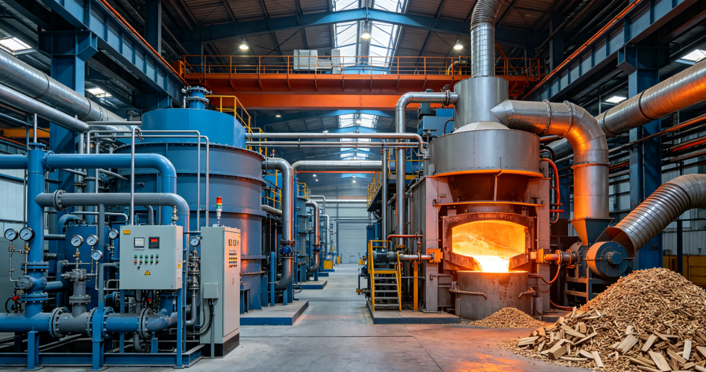 Aluminum furnace industrial energy system converting from natural gas to biomass gasification for cost reduction and sustainable heating