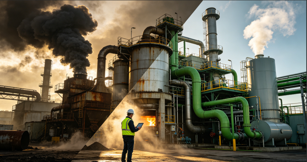 Industrial biomass energy system comparison showing gasification and direct combustion boilers with emissions and clean energy contrast in a factory environment